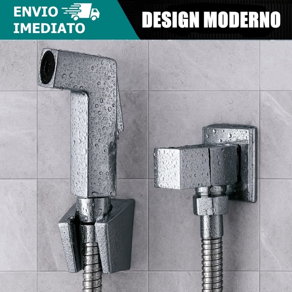Ducha Higiênica Quadrada  Cromado com Gatilho, Completa com Suporte e Flexível 1,2m, Acabamento Luxo para Banhei