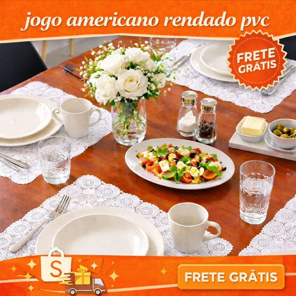 KIT 6 PEÇAS JOGO AMERICANO RENDADO PVC - BRANCO - RETANGULAR - SOUSPLAT - FORRO DE BANDEJA MESA POSTA DESCANSO DE PRATO