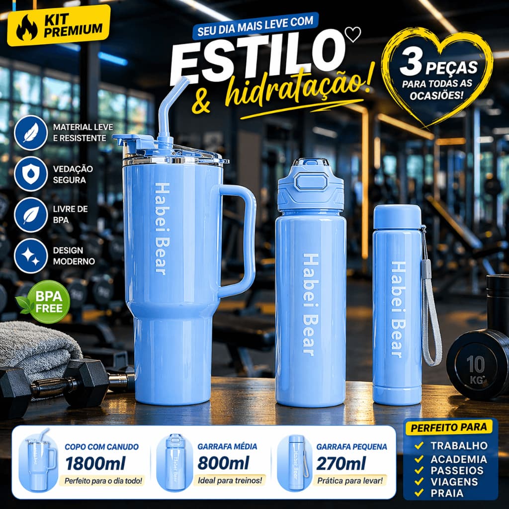 Kit Garrafa 3 em 1 Copo 1800ml Garrafa 800ml 270ml Academia Escola Praia BPA Free