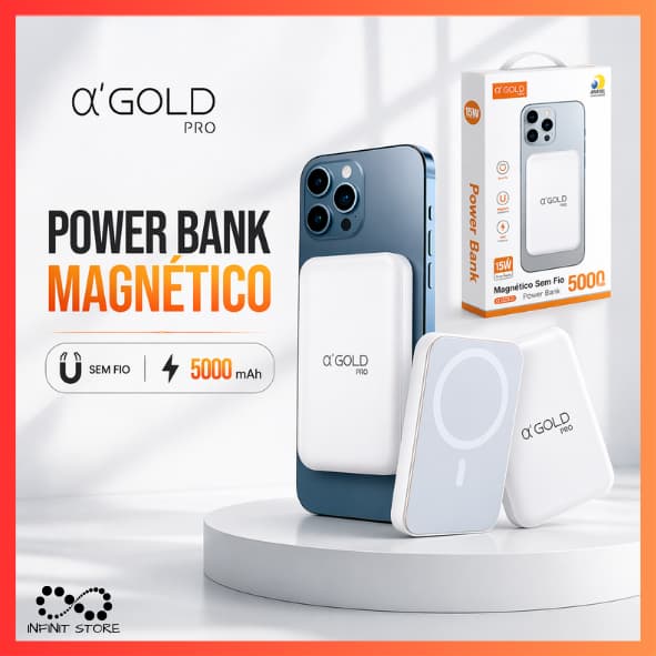 Power Bank Carregador Magnético 5000mAh 7.5W A’Gold – Carregamento Sem Fio por Indução para iPhone e Android