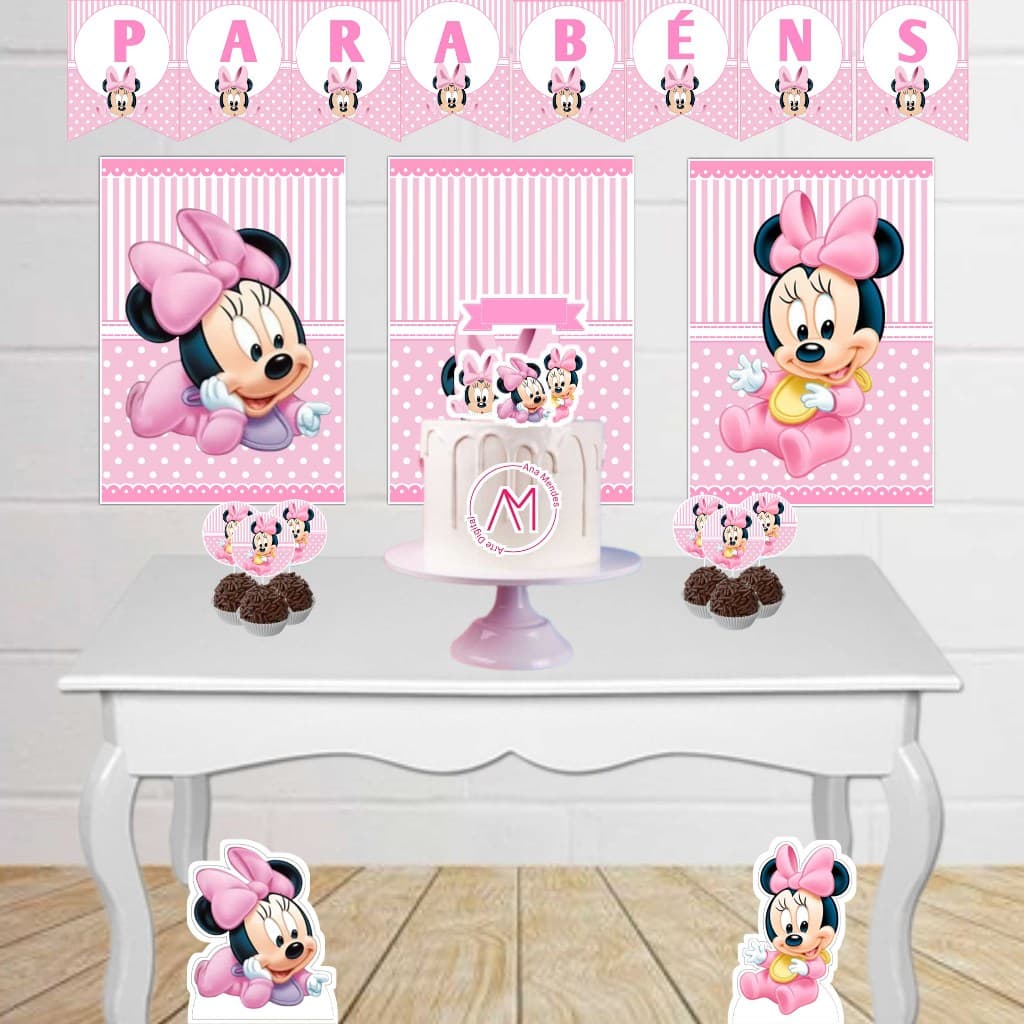 Kit Festa Infantil Minnie Baby Fácil Decoração Com Painel Display Toppers Topo de Bolo Só um bolinho