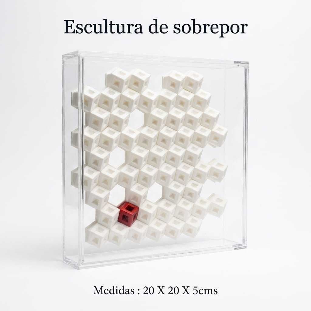 Escultura de mesa decorativa [CUBOS AGRUPADOS 1 VERMELHO] em impressão 3D PLA com caixa de acrílico – 20 x 20 x 4cms