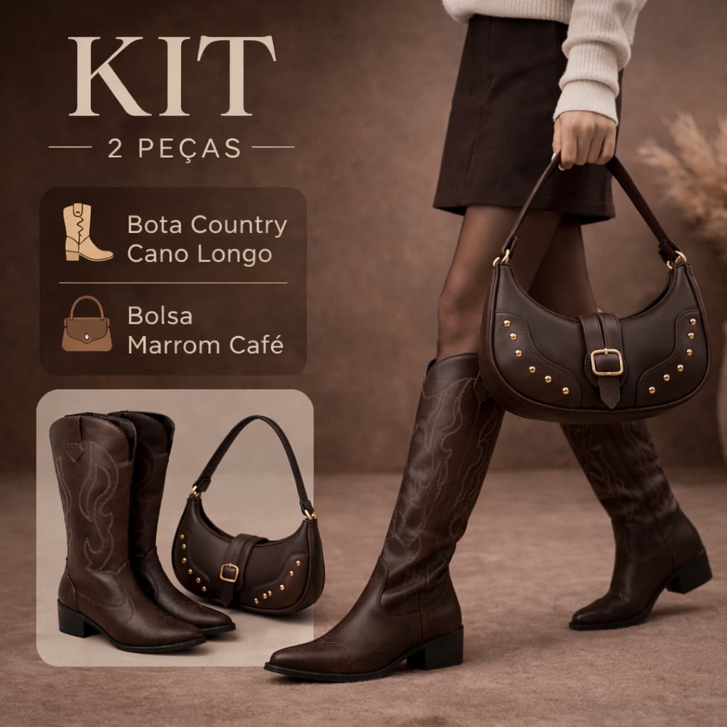 KIT 2 peças bota country + Bolsa estilosa ombro taxinhas Moda inverno