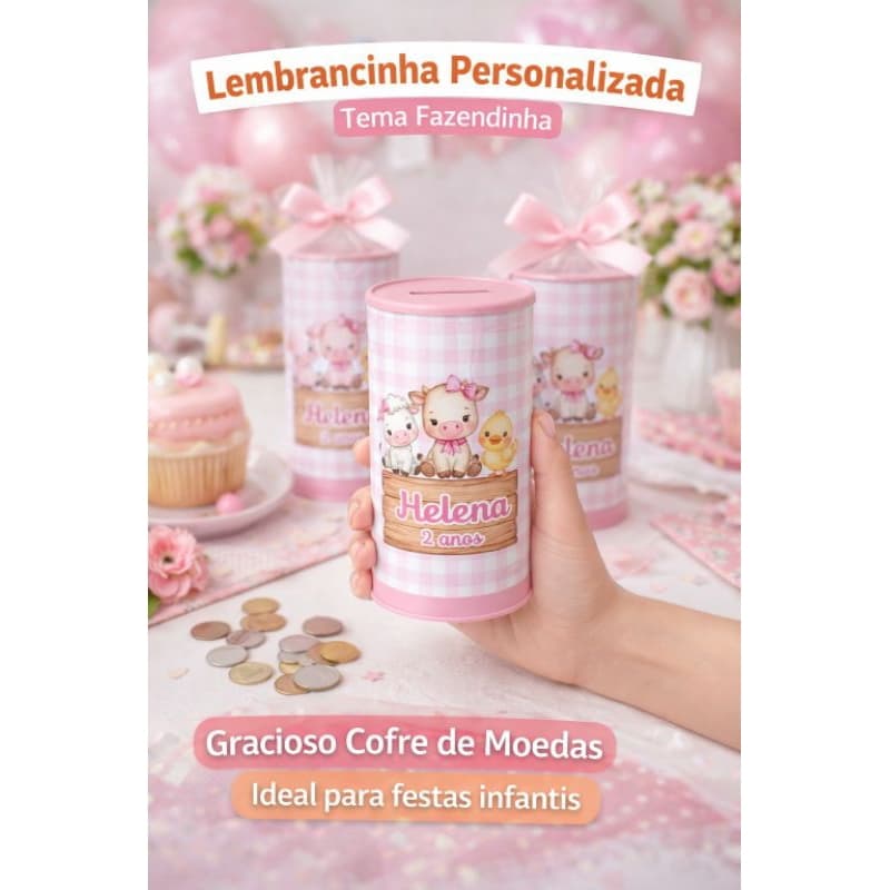COFRINHO PERSONALIZADO TEMA FAZENDINHA ROSA + EMBALAGEM + LAÇO- FAZEMOS EM TODOS OS TEMAS