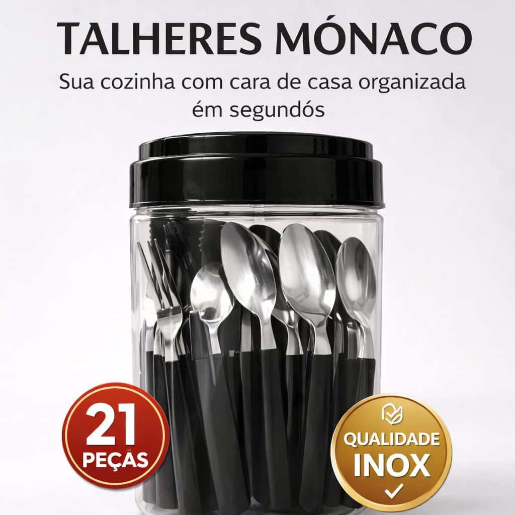 Kit Talheres Mônaco 21 Peças Preto com Pote Organizador