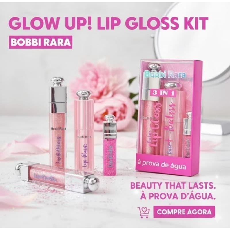 Kit Lip Gloss Bobbi Rara, Gloss Labial 3 em 1 Lip Balm Hidratante, Maquiagem Lábios, Brilho Labial, À Prova D'água
