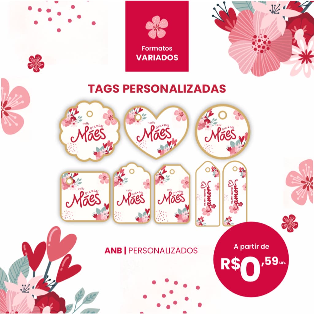 Tags Dia das Mães Luxo com Lamicote Dourado | 20, 50 ou 100 Unidades | Personalizadas
