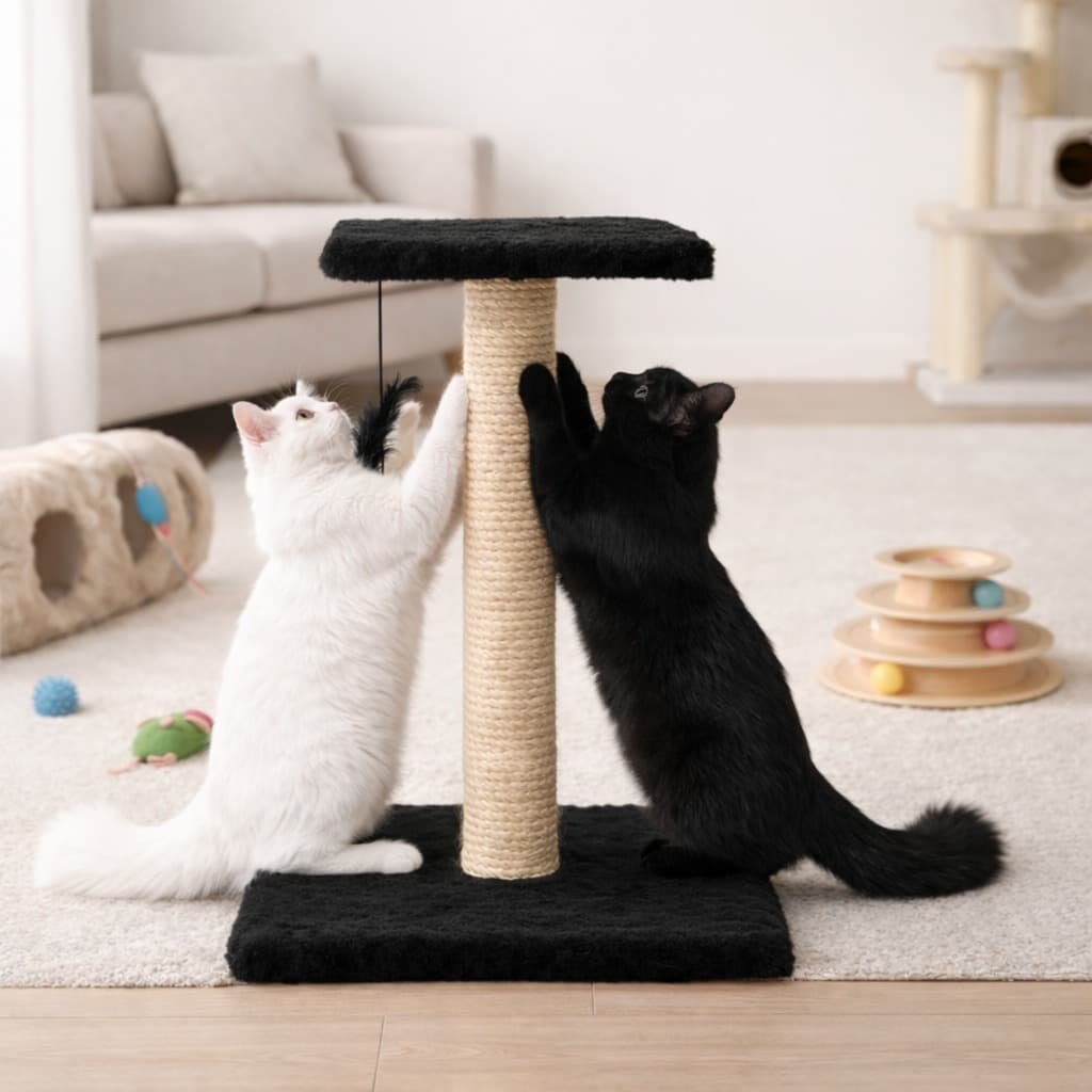 Arranhador Gatos Pelúcia Pet Duas Bases Poste Sisal Brinquedo Bolinha Pena Elástico Refil Reposição