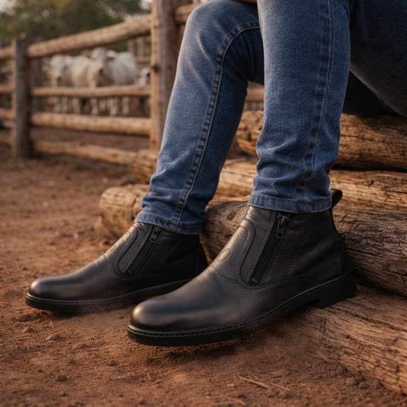 Bota masculina botina com ziper nas laterais couro sola costurada alta durabilidade