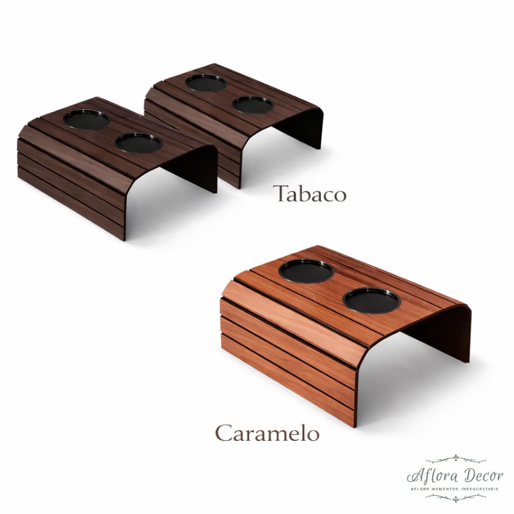 Kit 2 Esteiras Suporte Porta Copos Braço Sofá Apoio Flexível Bandeja Tabaco Caramelo Organizador