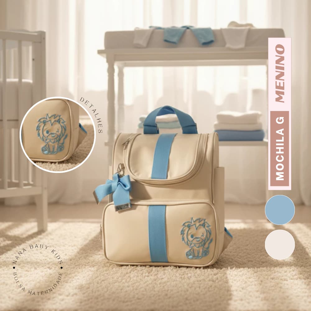 Mochila Maternidade Azul Bebê Luxo Bordado Leão | Térmica Impermeável
