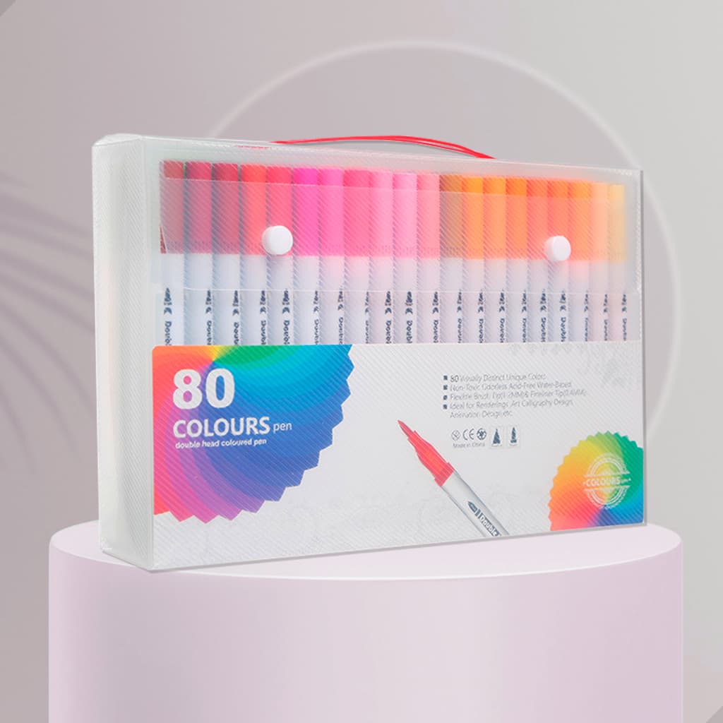 Kit Com 80 Canetas 2 em 1 Brush Pen Lettering e Ponta Fina Dual Canetinha Para Colorir Desenho