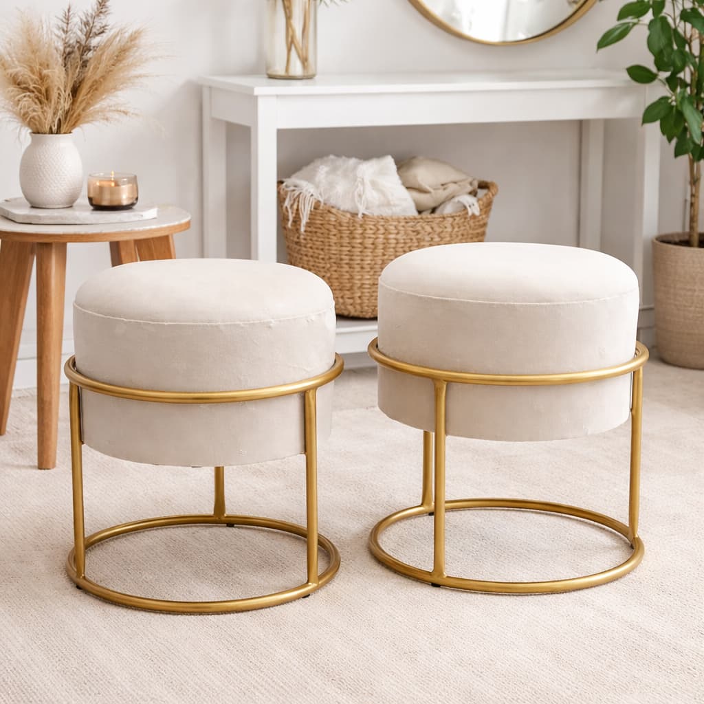 Kit 2 Puff Argola Dani Decorações Offwhite Liso Metal Dourado