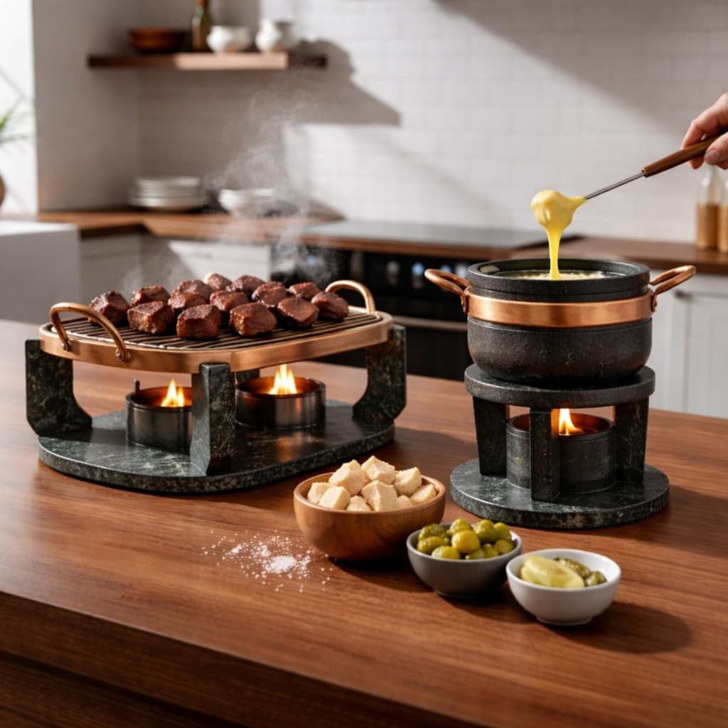 Kit Fondue Pedra Sabão Churrasqueira 31 cm + Panela 800 ml + 6 garfinhos