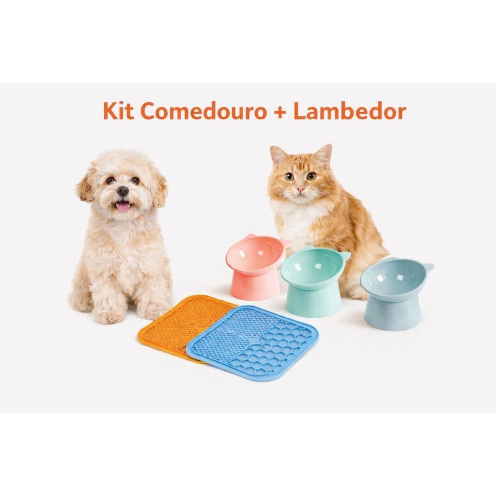 Kit Lambedor + Comedouro Bebedouro Elevado Anti Engasgo Tigela Pet Gato Cachorro