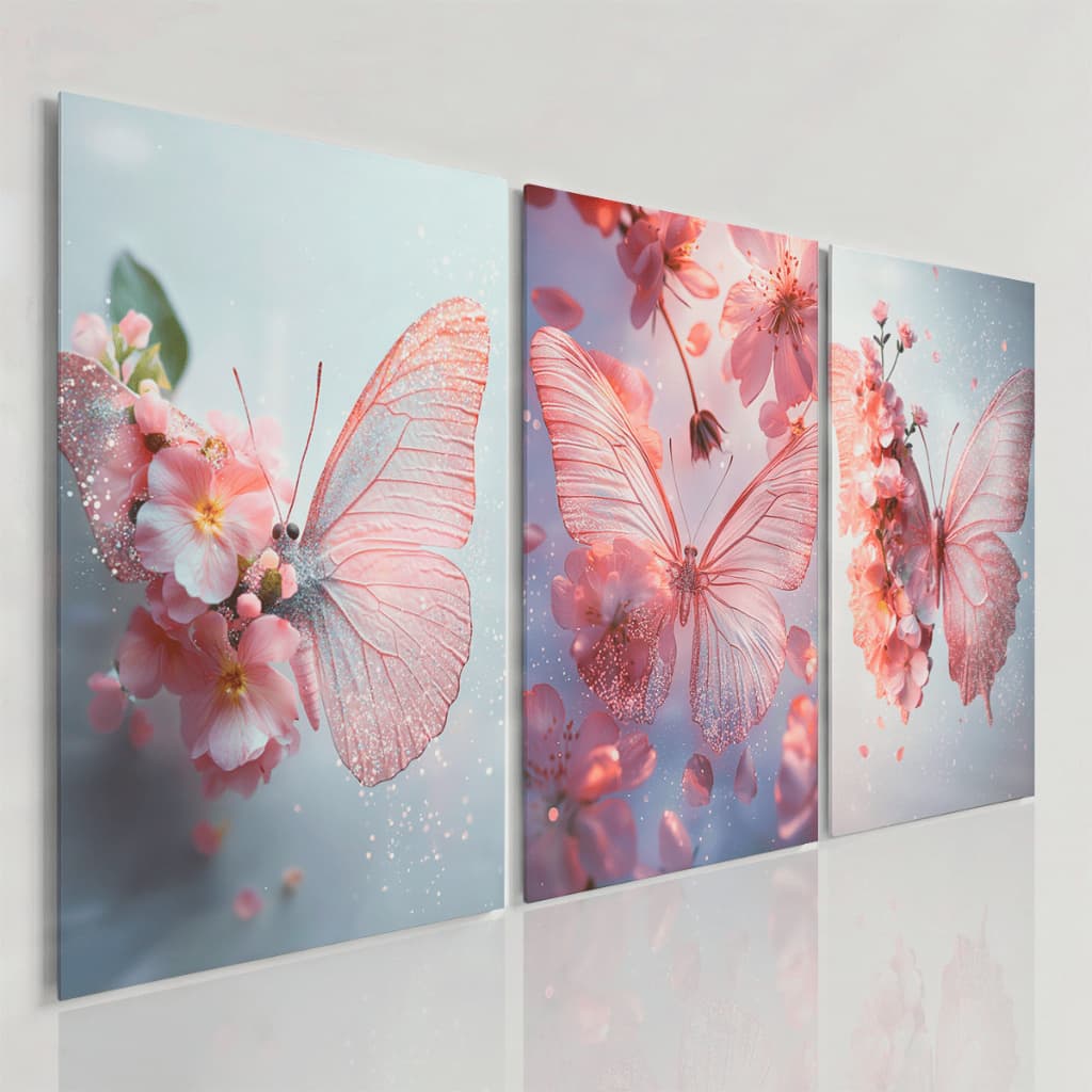 Quadros Decorativos Borboleta Rosa Floral Delicado 3D Luxo Kit 3 Peças Quarto Feminino Elegante