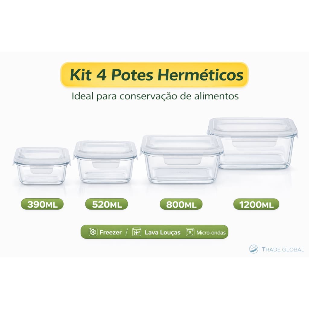 CONJUNTO 4 POTES DE VIDRO COM TAMPA HERMÁTICA BIGOOHOME MICROONDAS, FORNO E LAVA LOUÇAS.