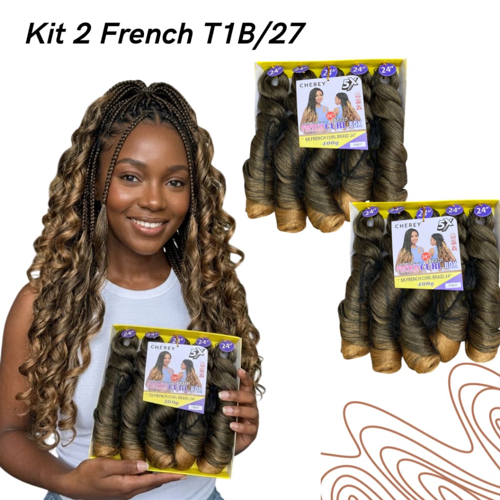 kit 2 French Curl Cor T1B/27 Preto Com Mel Fibra Premium jumbo Ondulado Cherey 400g