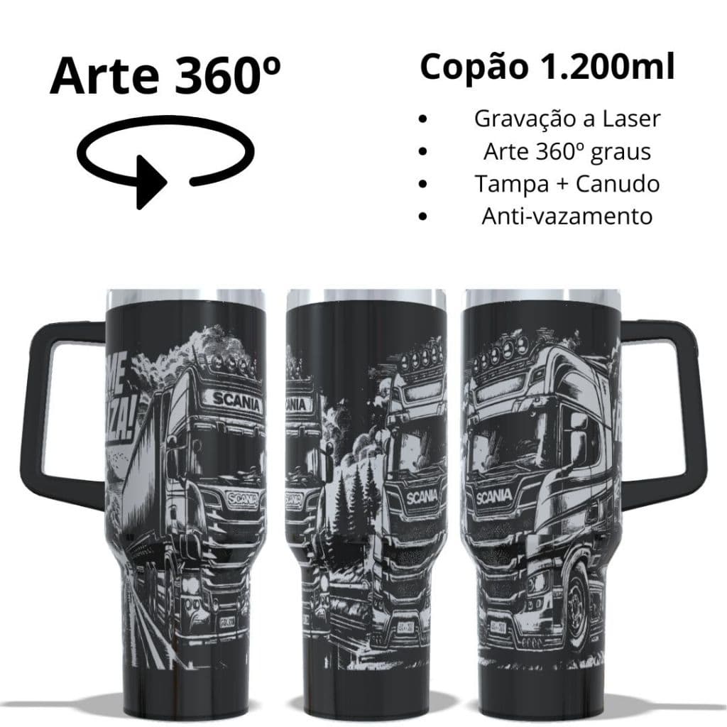 Copo térmico 1200ml COPÃO COM CANUDO com arte 360º graus arte a laser TEMA: CAMINHÃO