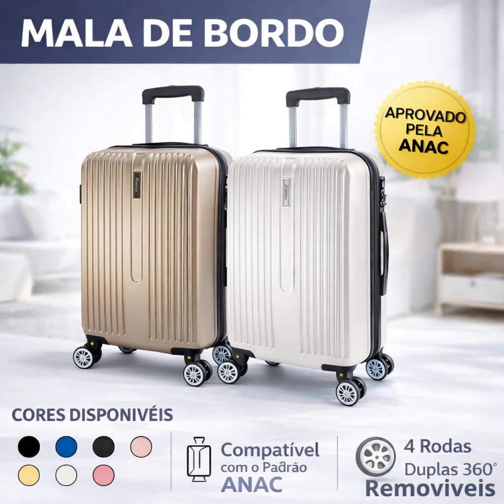 Mala de Bordo Rígida 10KG Rodas 360°Medidas ANAC Cadeado Embutido Resistente Viagem