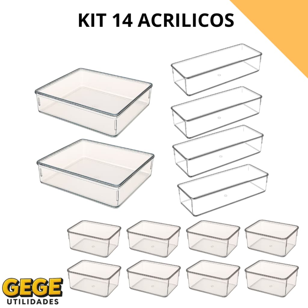 Kit 14 Organizadoras em Acrílico Transparente Multiuso para Casa e Escritório