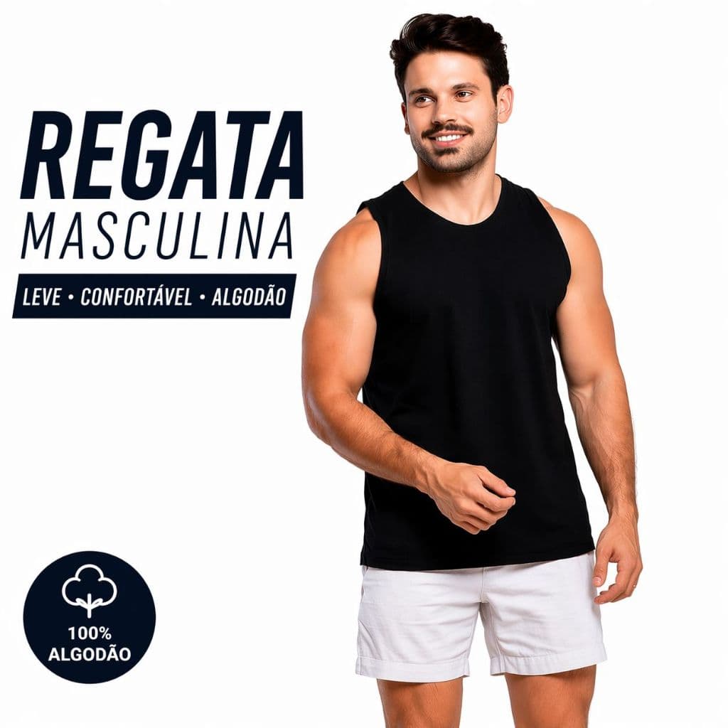 REGATA MASCULINA 100% ALGODAO ACADEMIA BASICA DIA A DIA CONFORTAVEL TREINO
