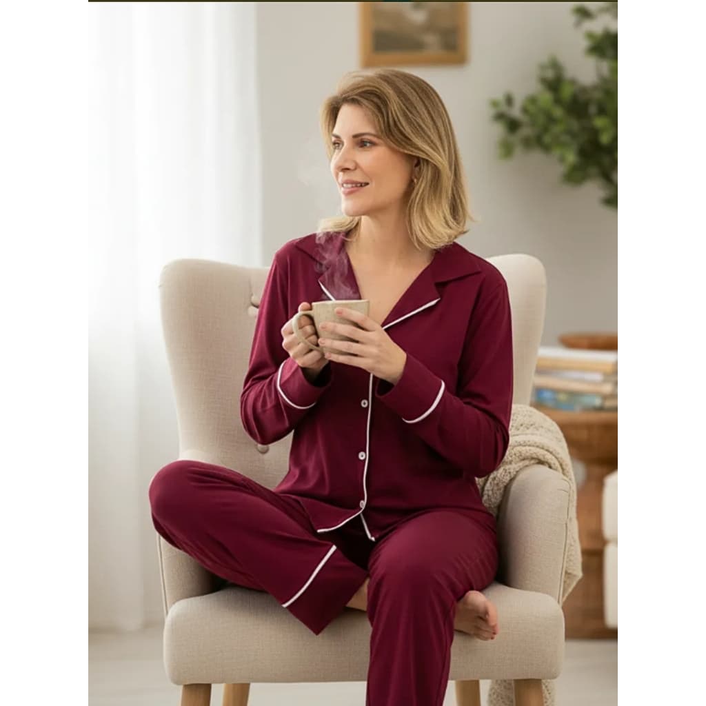 Pijama Feminino Americano Longo Botões Frente Algodão Pós-cirúrgico Amamentação Inverno - Bordô