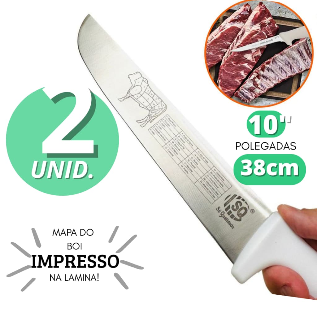 Kit 2 Faca Em Aço Inox 10" Cabo Branco Do Açougueiro e Churrasqueiro Profissional Açougue 38cm
