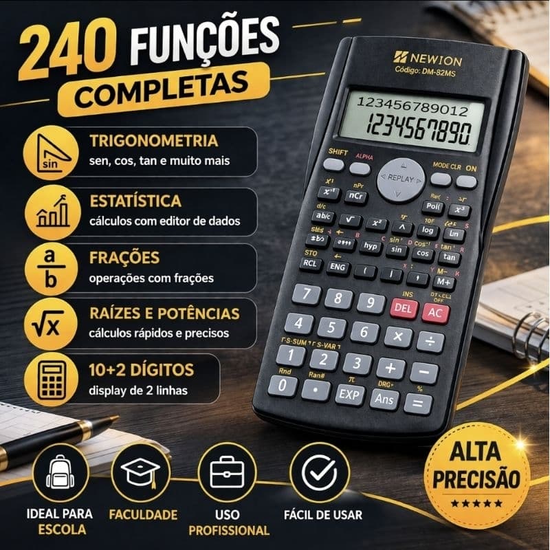 Calculadora Científica 240 Funções Display LCD 2 Linhas 10+2 Digitos Tecla Trigonométria Sen Con Tan Raiz Quadrada