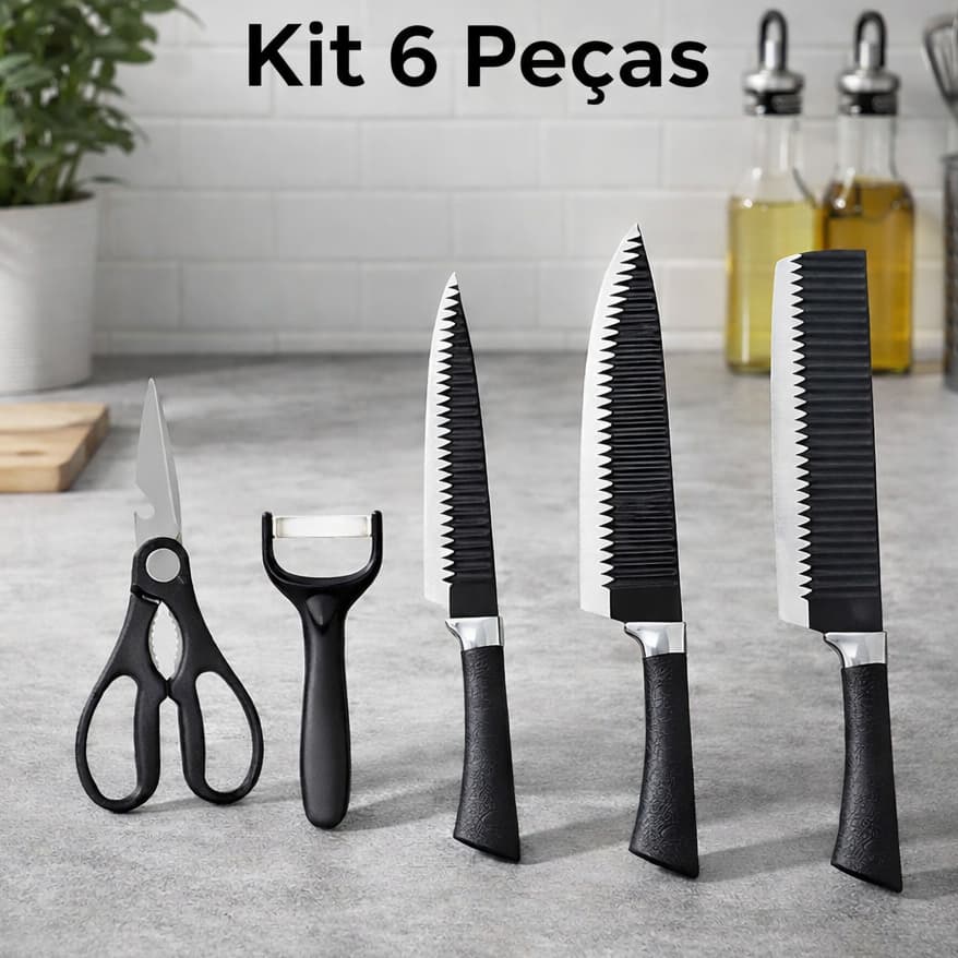 Kit Facas Serrilhadas 6 Peças Cozinha Profissional + Tesoura e Descascador Inox Antiaderente