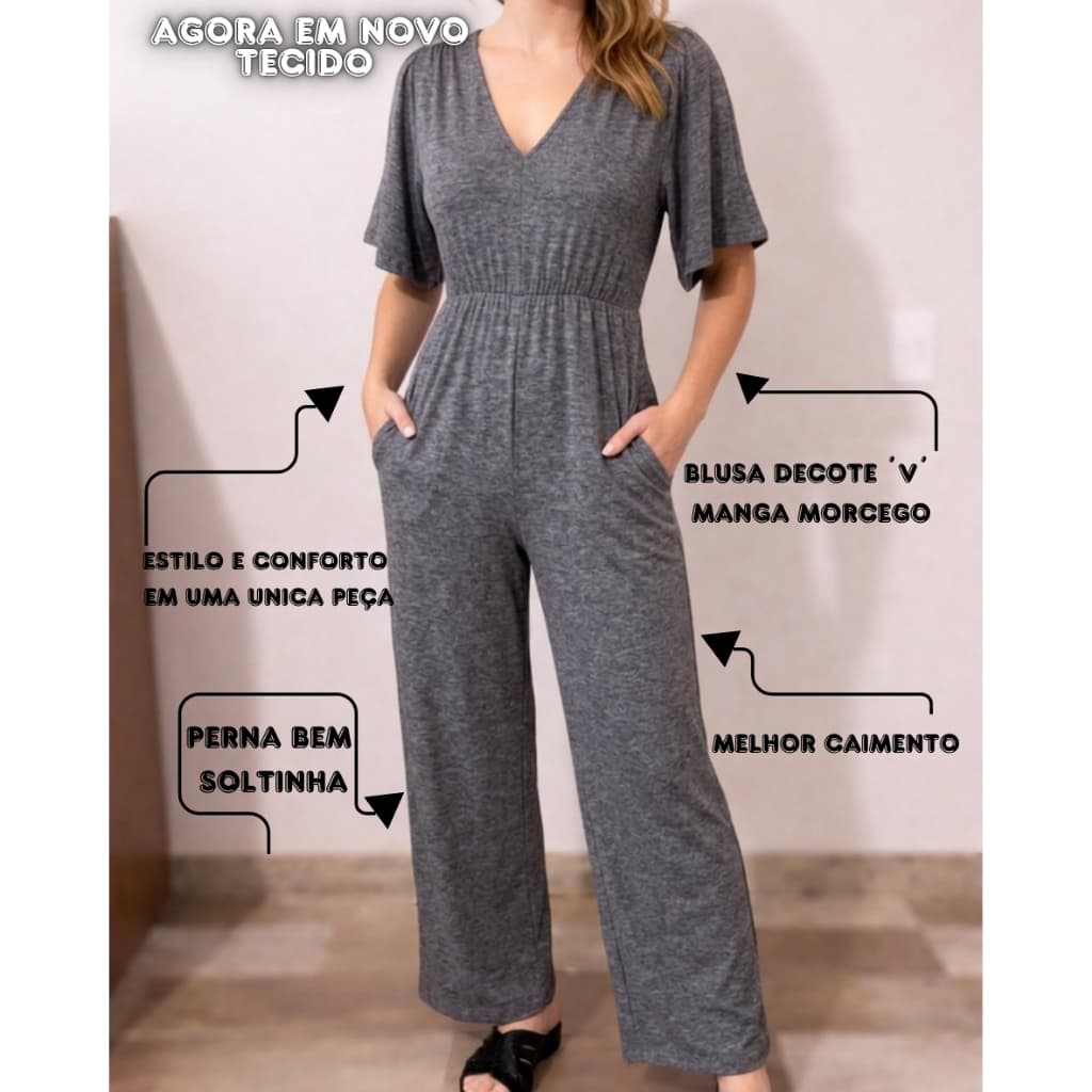 Macacão jardineira feminina pantalona manga morcego elegante