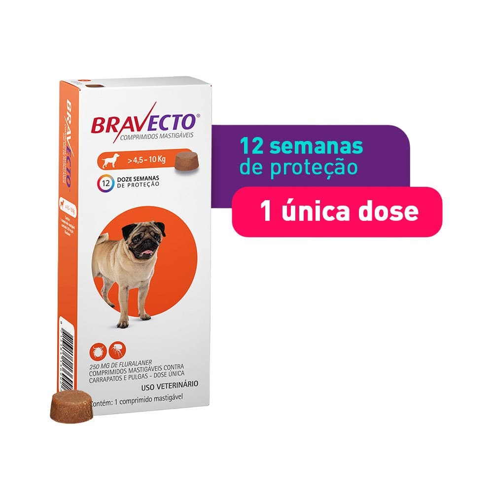Antipulgas e Carrapatos Bravecto Comprimido Mastigável de 250mg para Cães de 4,5 a 10kg - MSD Saúde Animal