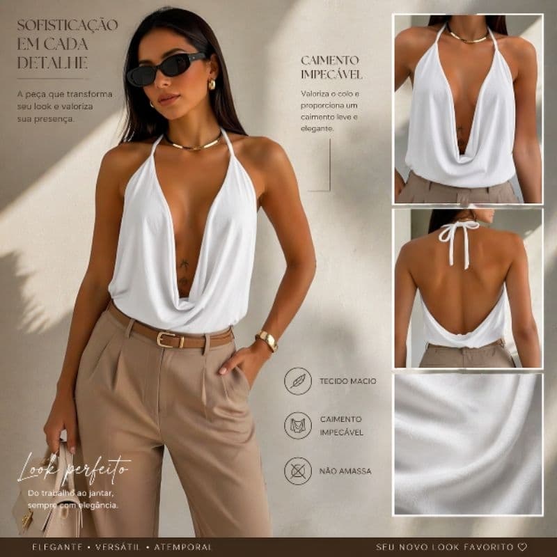 blusa feminina duna elegante multiformas versátil decotada croped