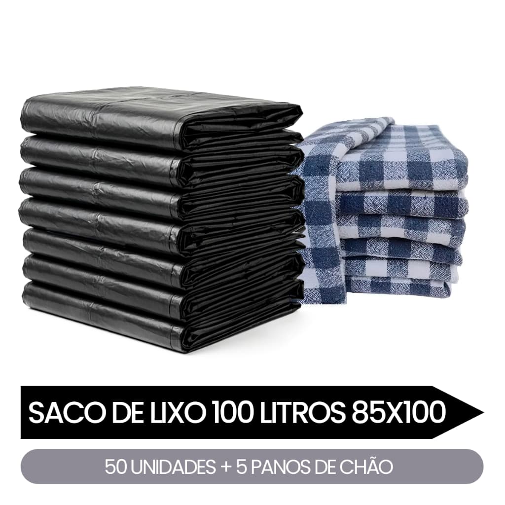 Kit Saco de Lixo 50 Uns. 100L + 5 Panos de Chão Xadrez Resistente Econômico Uso Diário