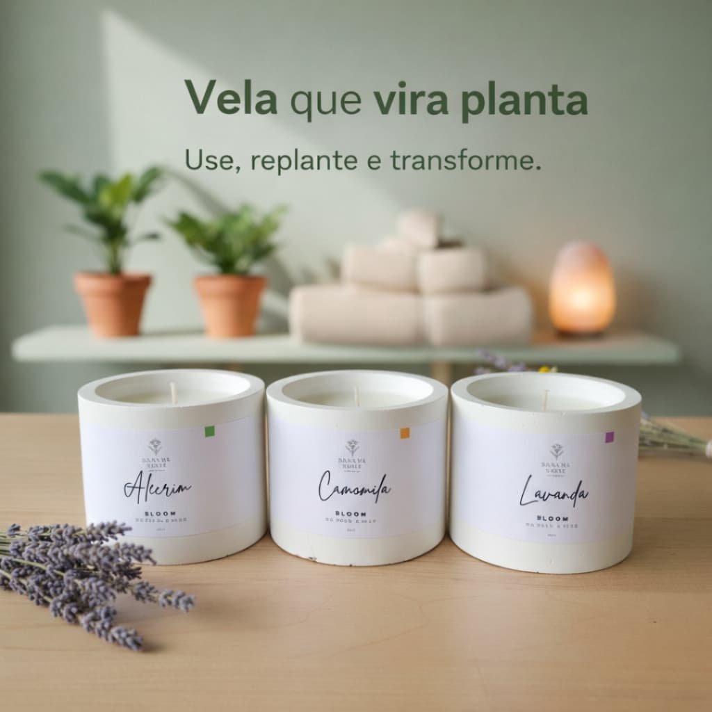 Kit Presente Criativo Trio Bloom 40g Velas Aromáticas Vira Planta Cera Vegetal