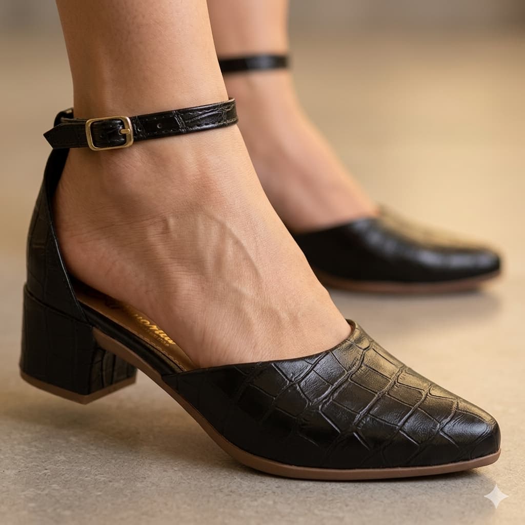 Scarpin Feminino Mule Croco Social Salto Bloco Tamanco Bico Fino Confortável