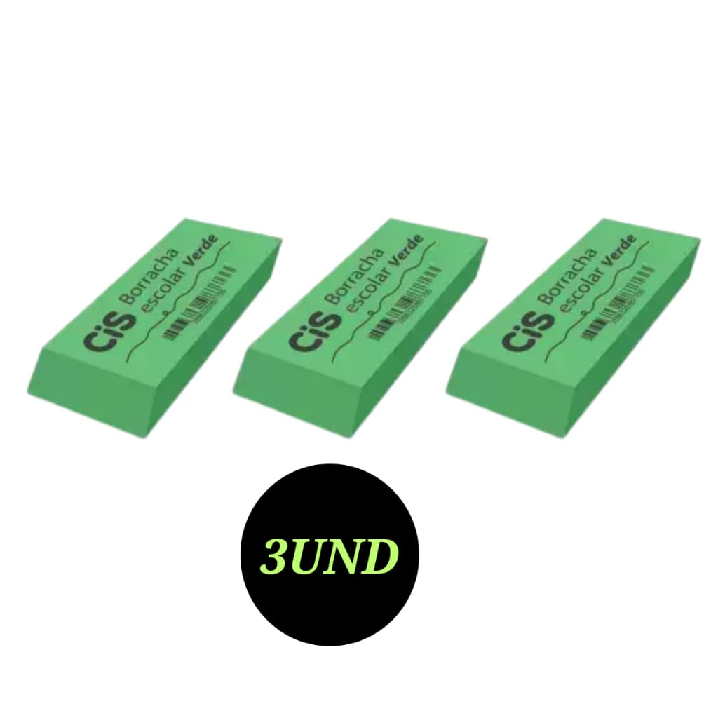 BORRACHA ESCOLAR VERDE COM 3 UNIDADES CIS