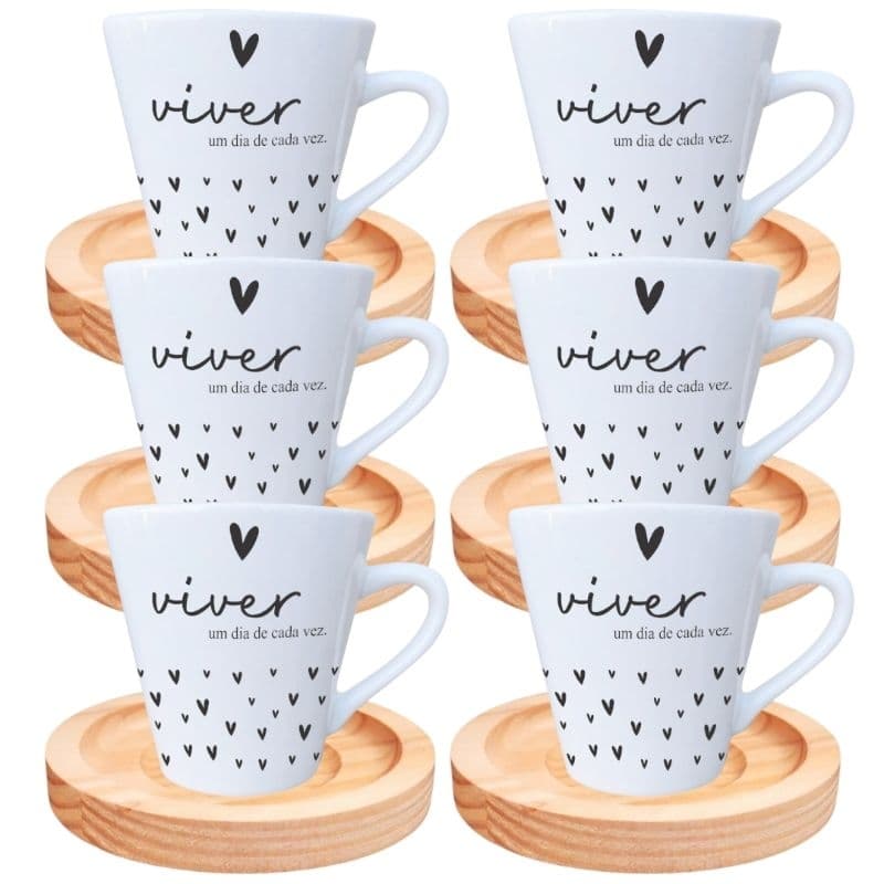 Jogo 6 Xícaras Porcelana Branca 120ml Pires Madeira Chá Café Expresso Viver