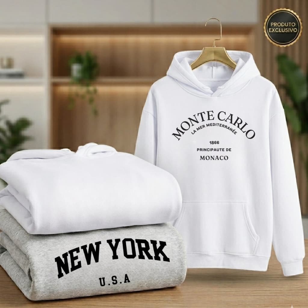 Kit blusa de frio moletom Masculino Feminino Estampado Capuz Casaco Blusão Tendencia Promoção Cinza Branco Bolso Capuz