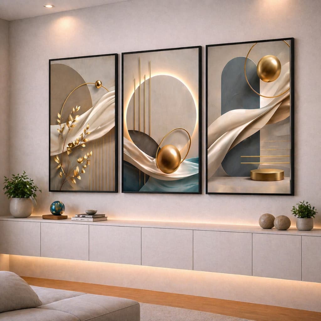 Kit 3 Quadros Decorativos Circulo Dourado Abstrato Azul Luxo Sala Moderna Sofisticada