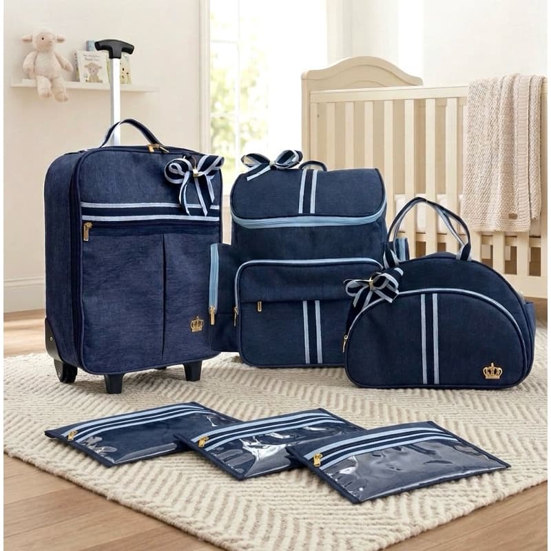 kit de mala maternidade de rodinhas mochila bolsa lateral azul e saquinhos organizadores