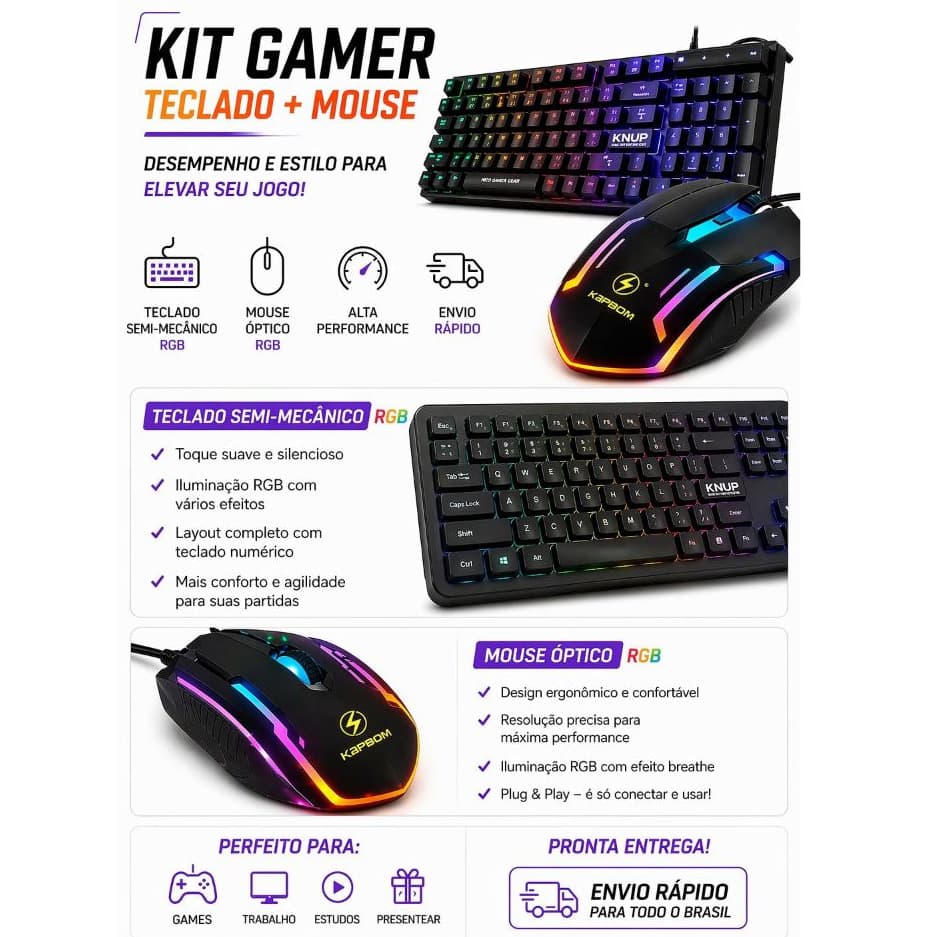 KIT GAMER TECLADO SEMI-MECÂNICO RGB + MOUSE GAMER ÓPTICO LED USB ALTA PERFORMANCE