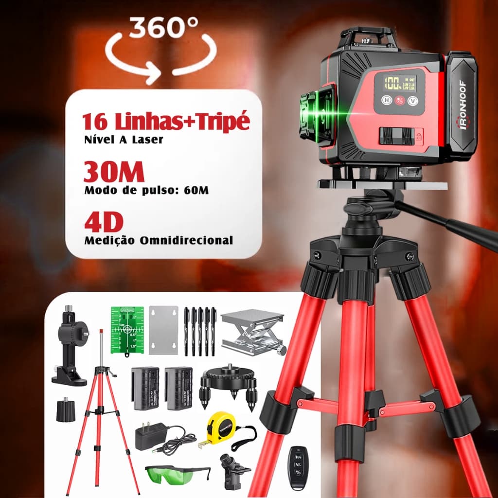 Nível Laser Recarregável 16/2 Linhas Verde Profissional 4d Autonivelante Com Controle 360 4d