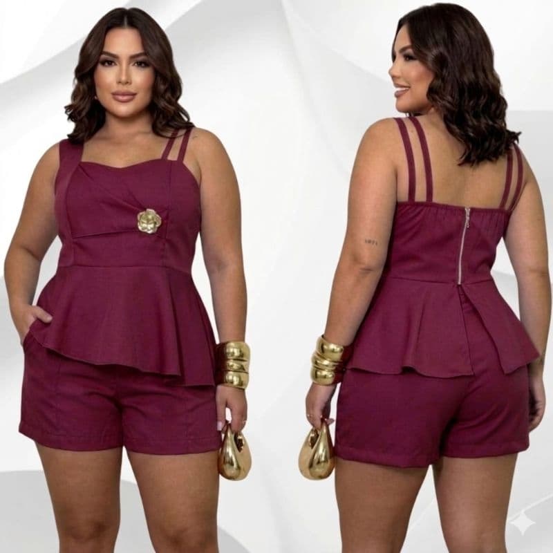 Conjunto assimétrico short e Blusa c/Detalhe FLOR DOURADO