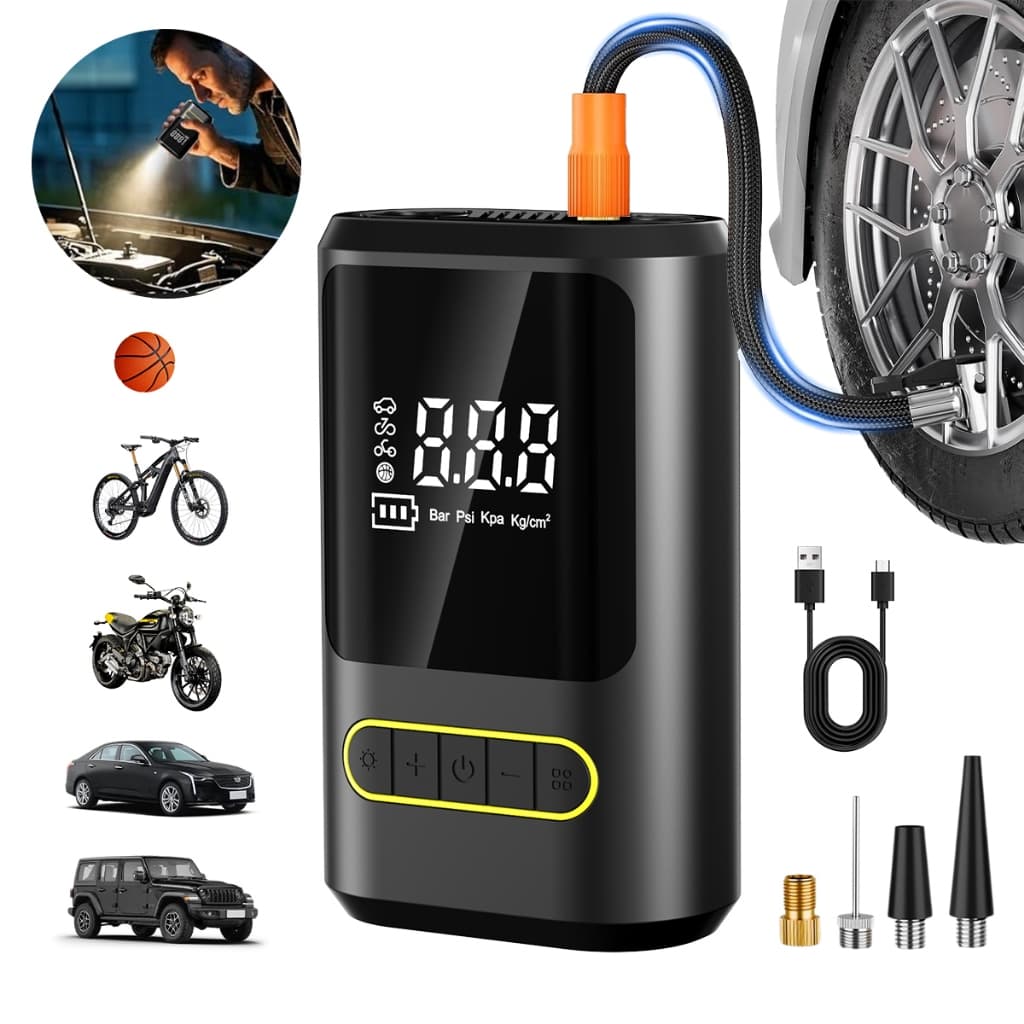 Compressor Portátil Pneu Calibrador Digital Carro Moto Bicicleta Power Bank 6600mAh Lanterna LED
