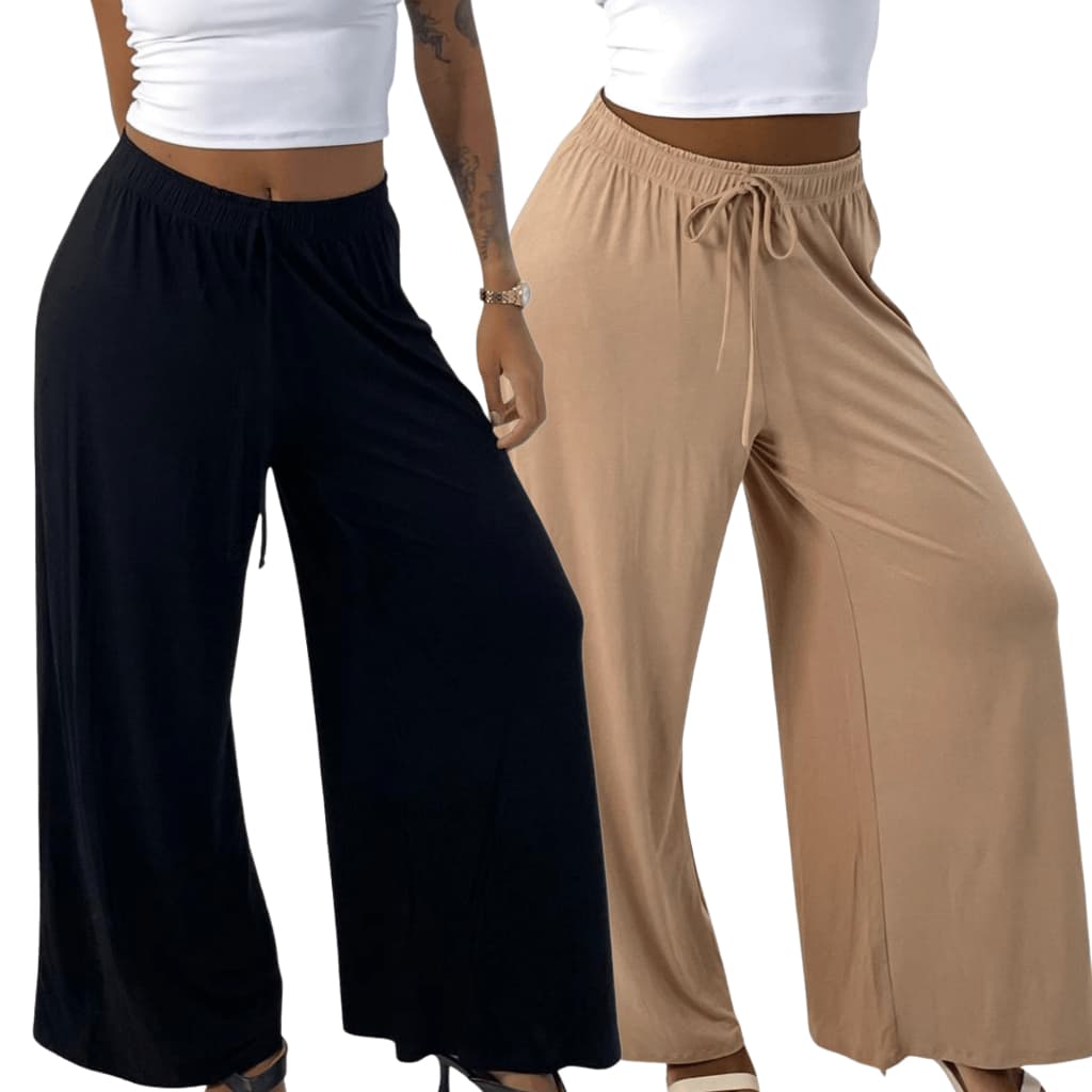 KIT 2 Calça Feminina Pantalona Cintura Alta Viscolycra Premium Soltinha com Perna Larga Flare