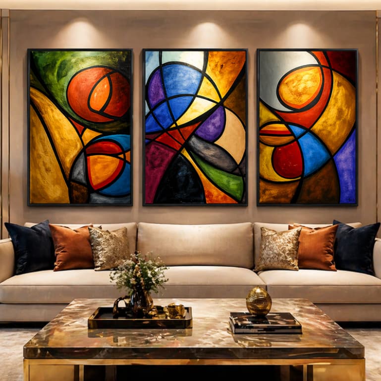 Quadro Decorativo Abstrato Colorido 3 Peças Arte Moderna Vibrante Sala Quarto Decoração Luxo