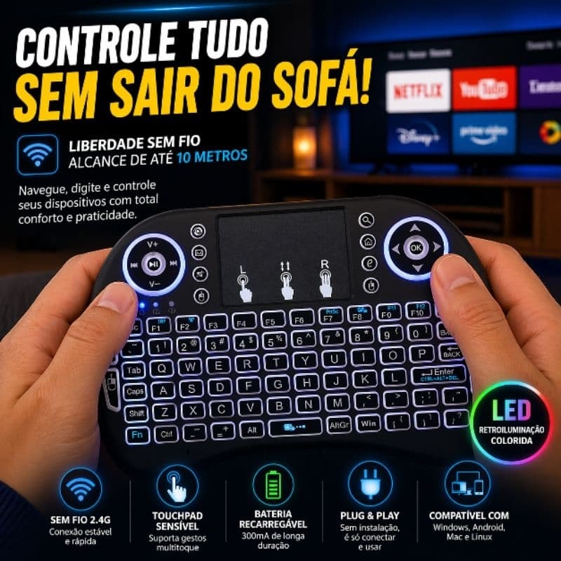Mini Teclado Sem Fio com Touchpad para Smart TV PC LED Recarregável JP-2529