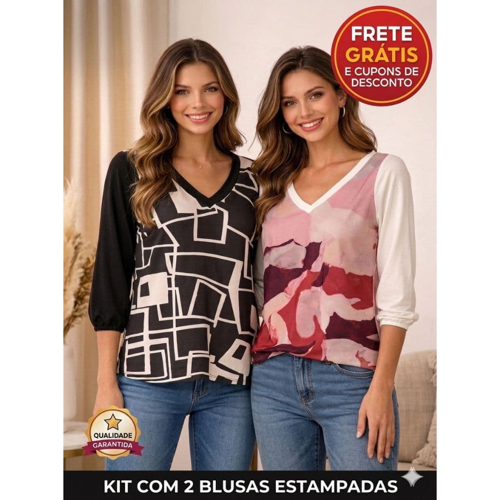 Kit 2 Blusas Femininas Manga 3/4 Estampadas Crepe e Viscolycra Outono Inverno Promoção Premium