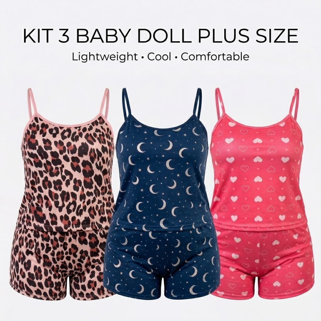 Kit 3 Baby Doll Plus Size Microfibra Estampado Short Doll Feminino Confortável GG1 GG2 GG3